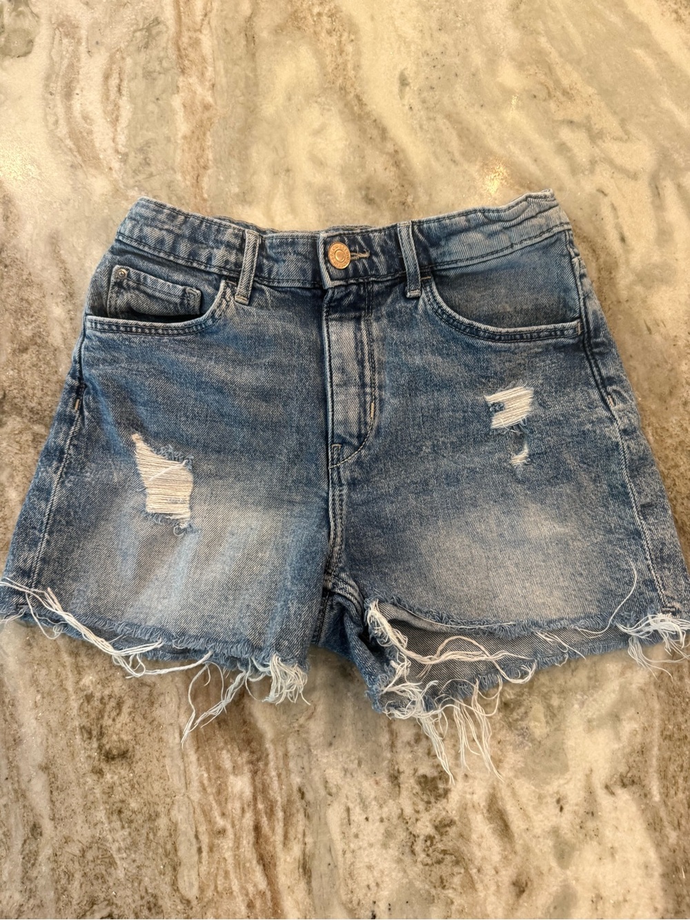 H&M Washed Blue Distressed Denim Shorts Girls Size 11-12 Y